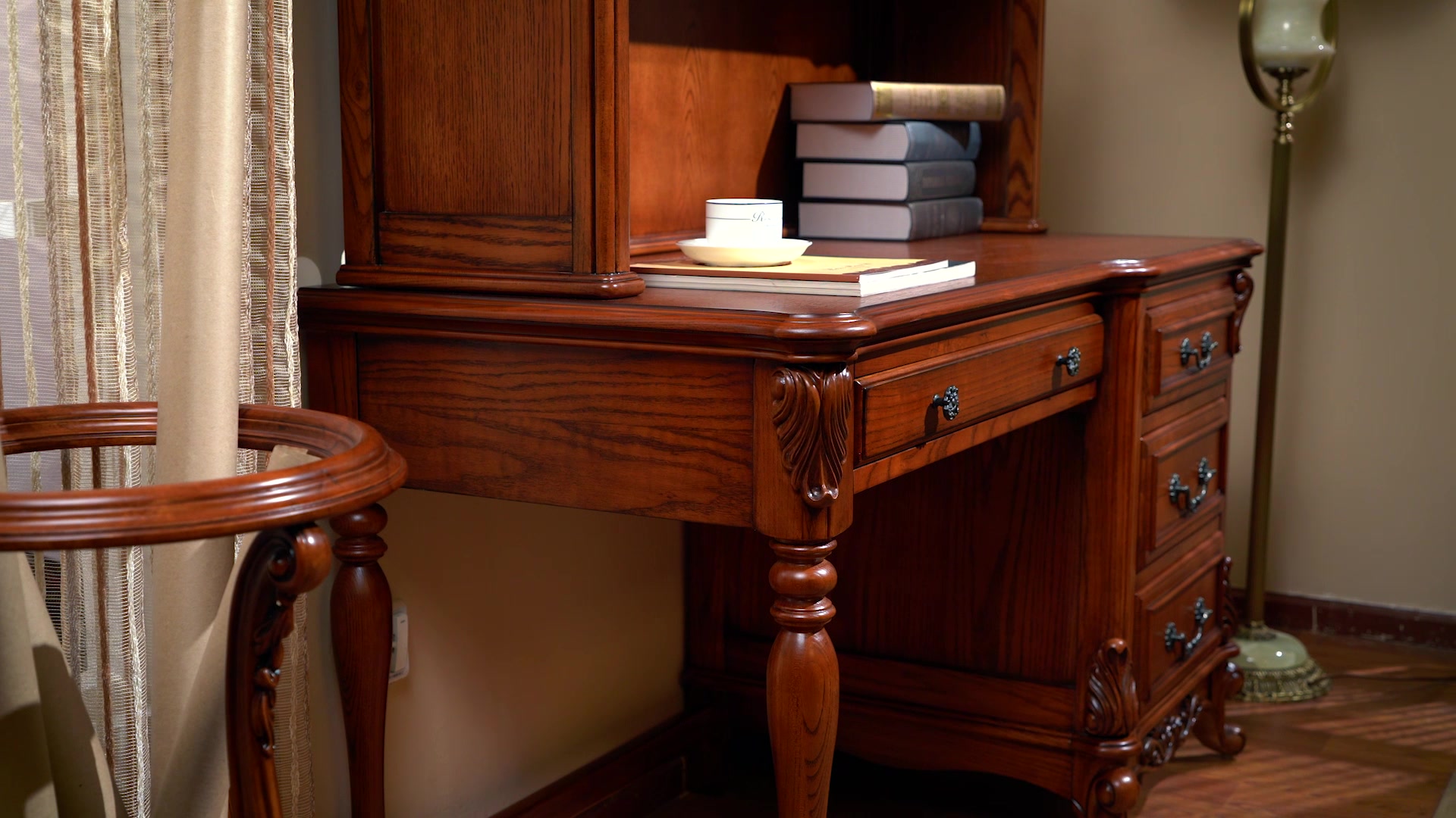 圣蒂伯爵美式书房家具 实木书桌书柜组合套装办公桌写字桌实木电脑桌